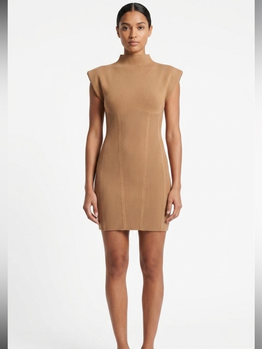ANTHROPOLOGIE Mock-Neck Cap Sleeve Mini Dress Cedar Tan